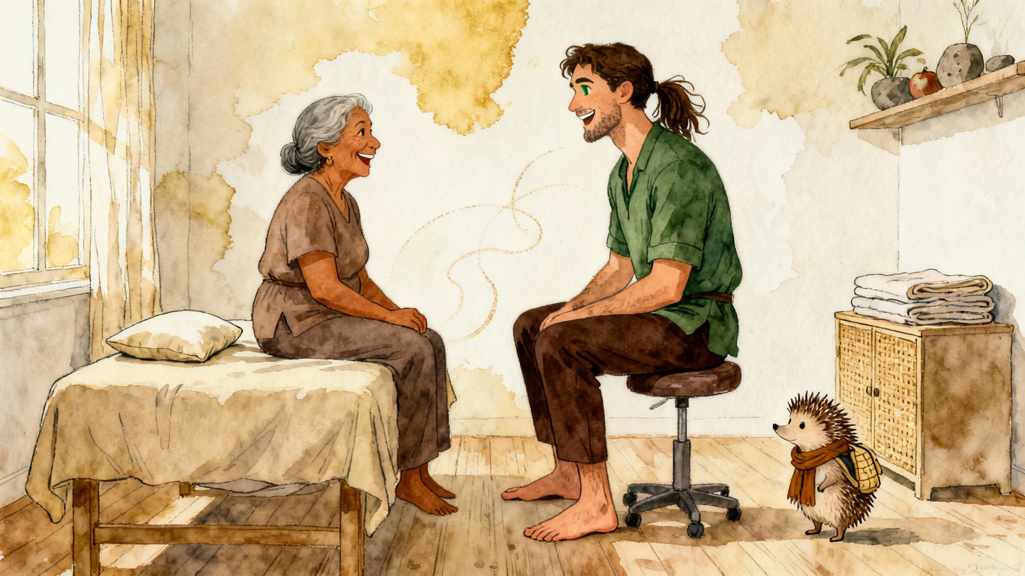 Older client and barefoot therapist laugh together during a pre-session chat in a calm watercolor massage studio.