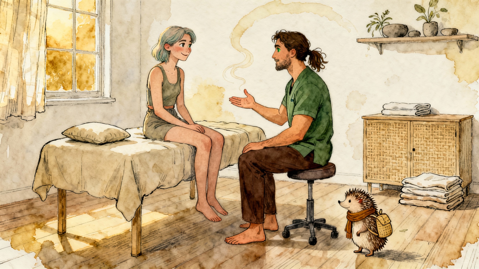 Therapist gestures while explaining as a seated massage student listens on the table in a calm watercolor studio scene.