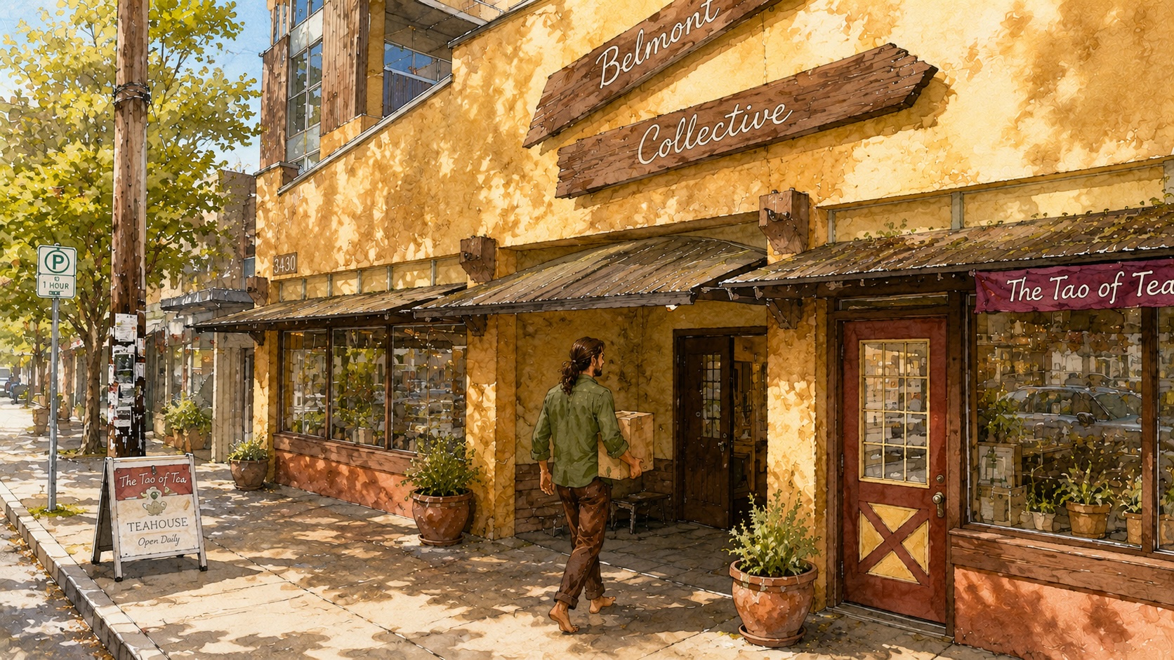 Alt text: Watercolor illustration of therapist carrying boxes into Belmont Collective above The Tao of Tea on a sunny spring day.