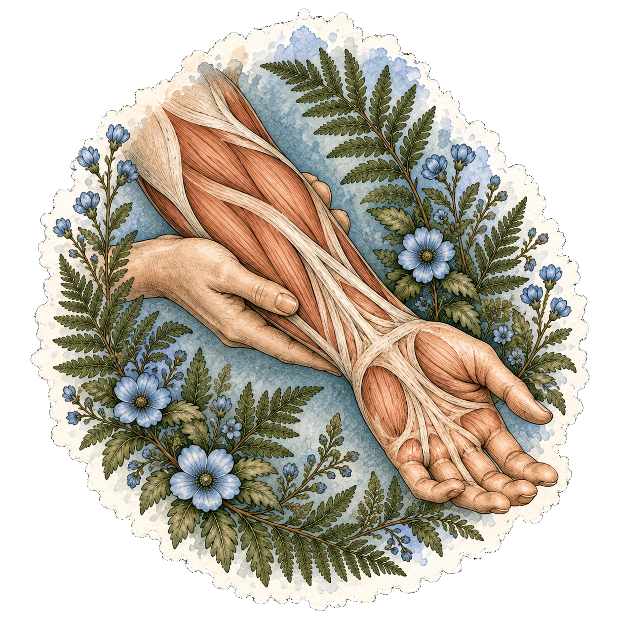 Watercolor illustration of a forearm and open hand supported by a practitioner's hand, with blue flowers and ferns
