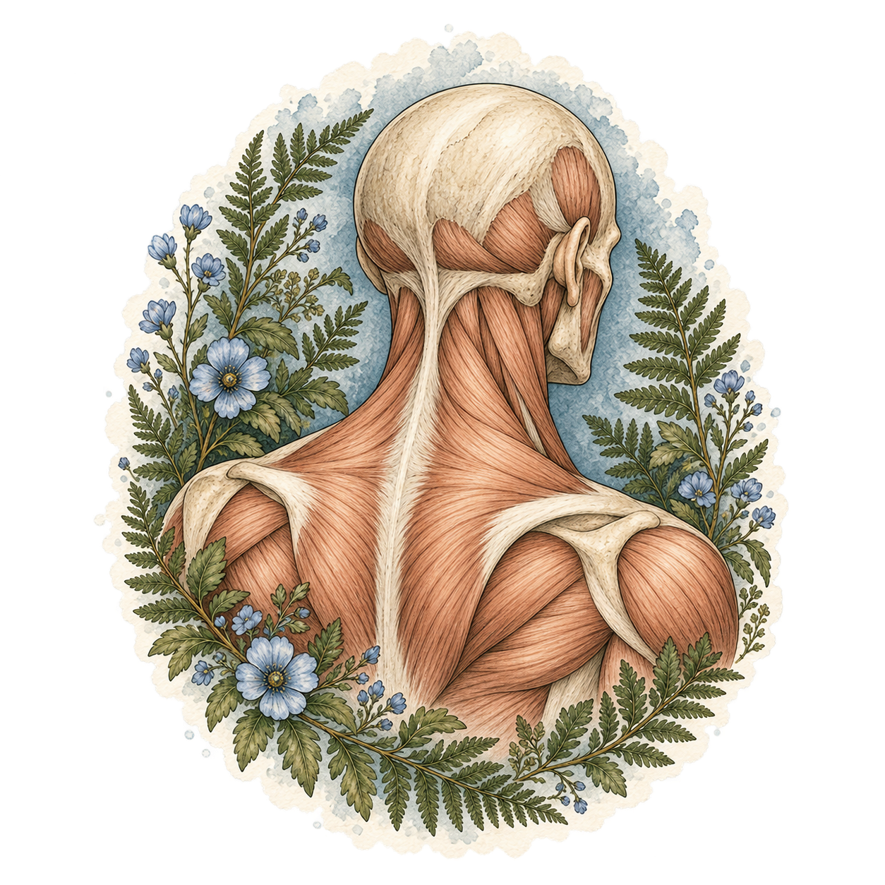 Watercolor illustration of the head, neck, and shoulder muscles with blue flowers and ferns