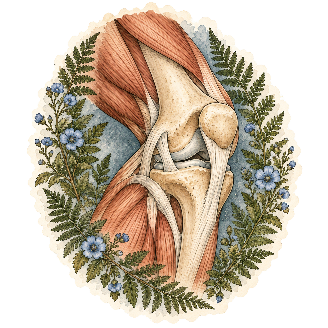 Watercolor and ink illustration of a knee joint, supporting tendons, and leg muscles framed by ferns and blue flowers.