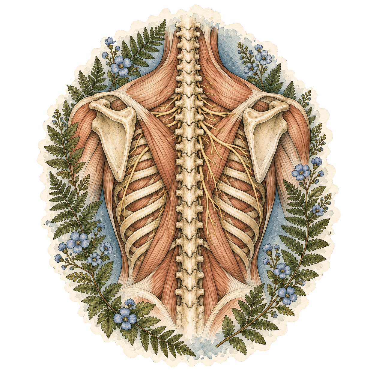 Watercolor and ink illustration of the spine, ribs, and back muscles framed by ferns and blue flowers.
