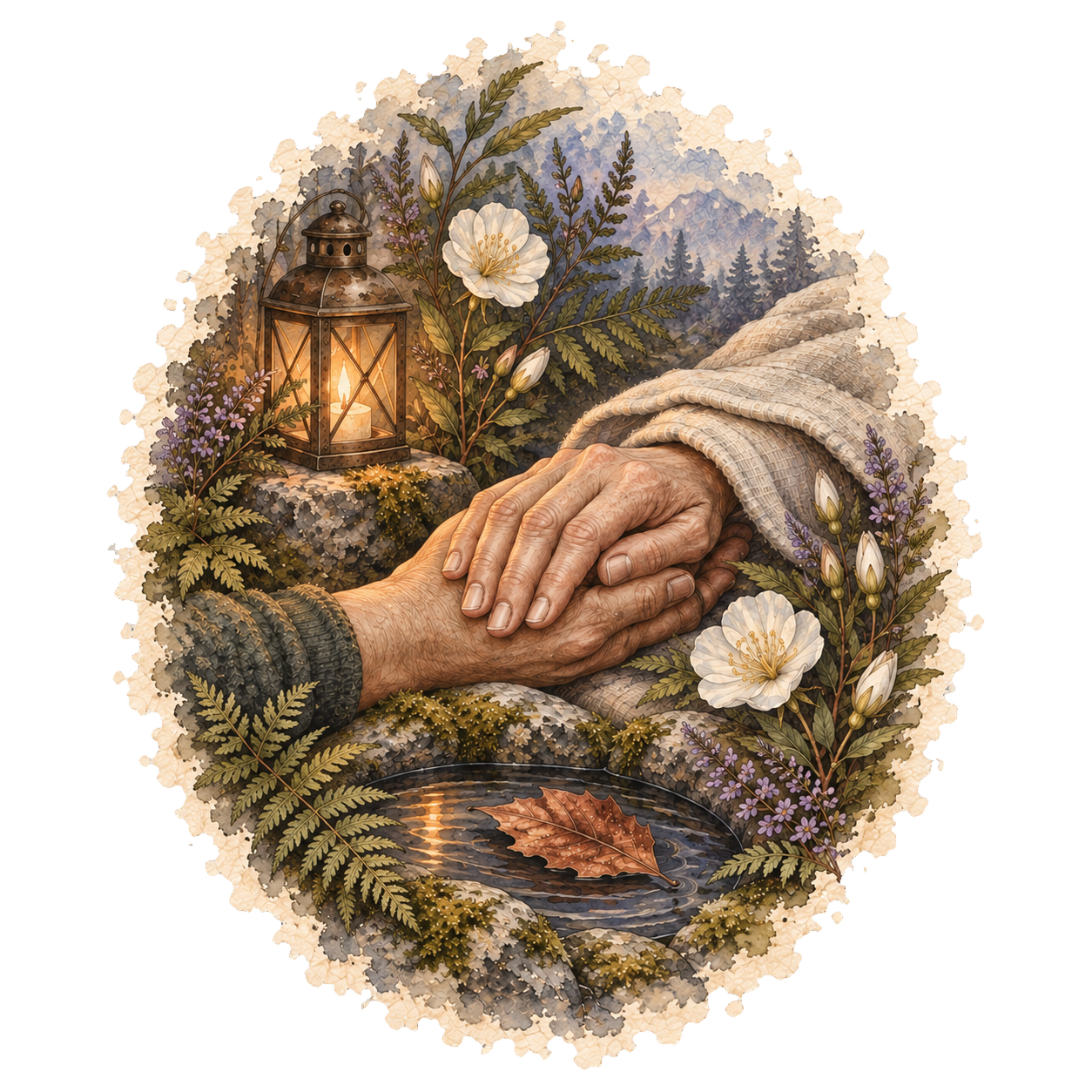 Watercolor and ink illustration of two adult hands resting together beside a glowing lantern, flowers, and still water, with a soft irregular oval edge.