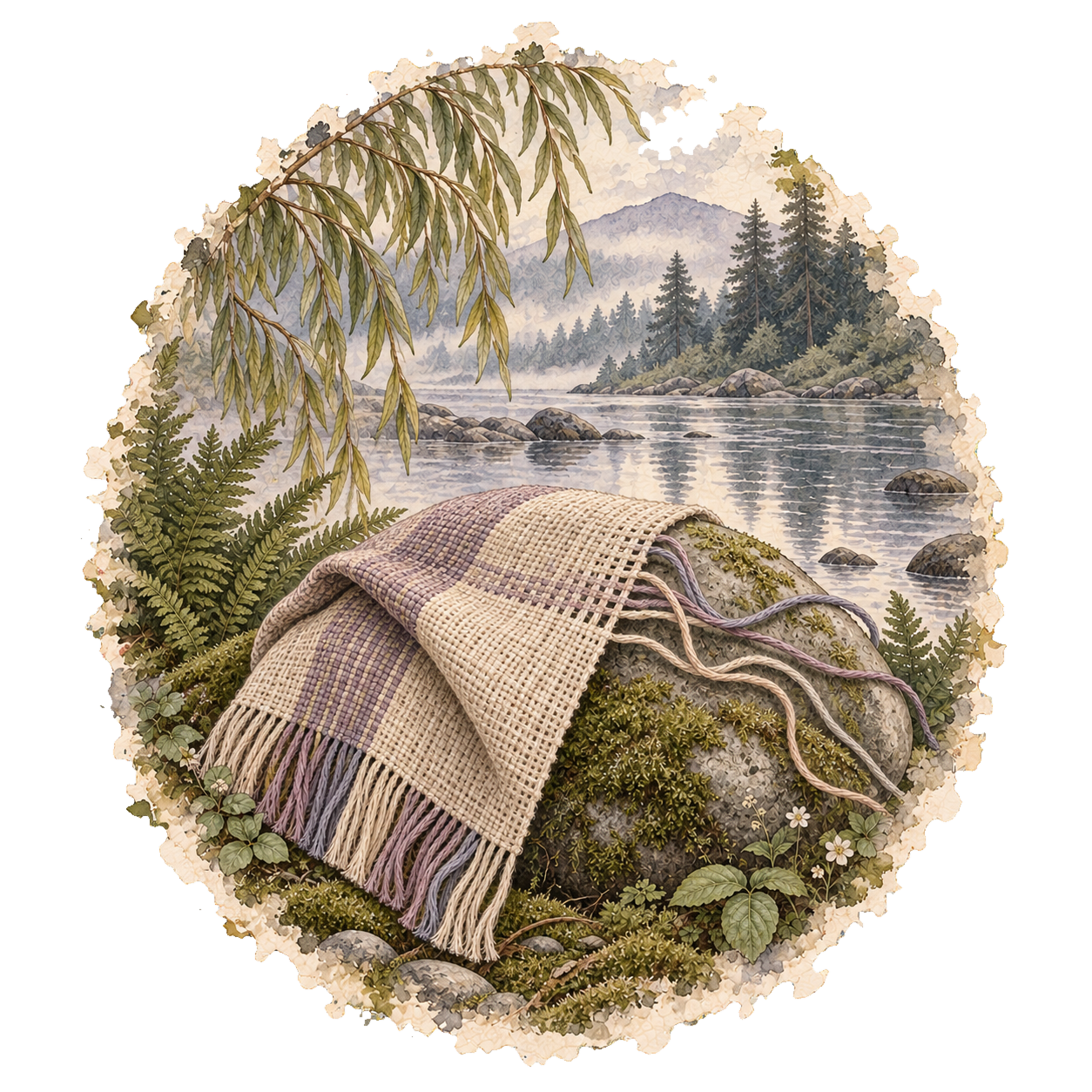 Watercolor and ink illustration of woven linen and loose threads resting on a mossy stone beside still woodland water, with a soft irregular oval edge.