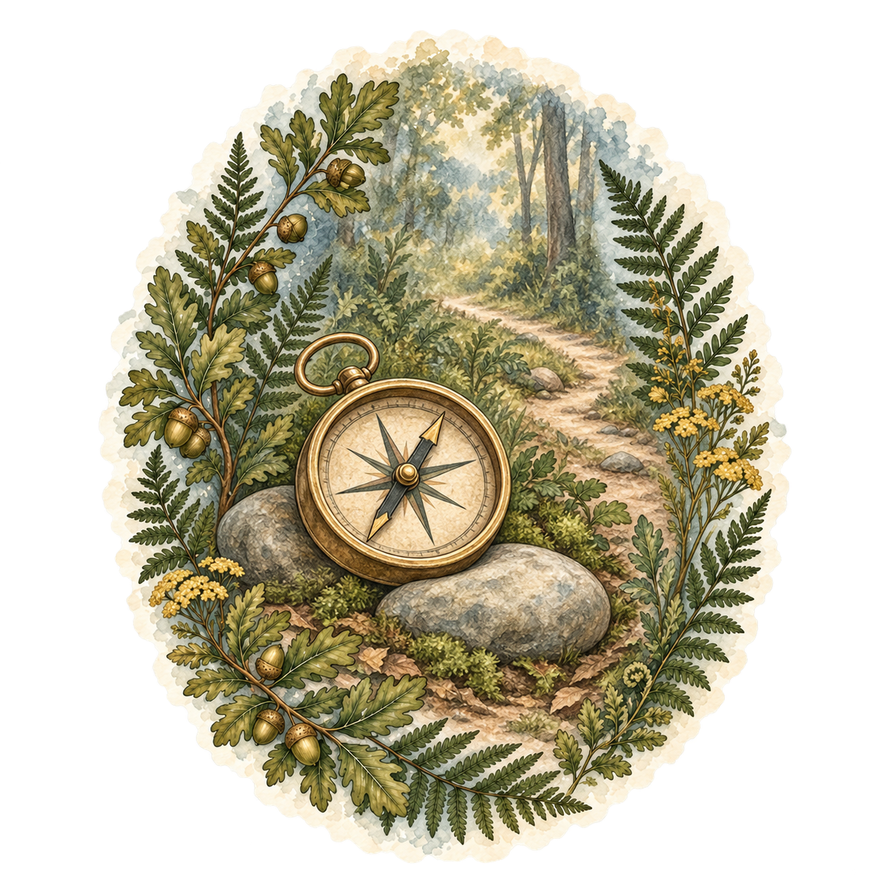 Watercolor-and-ink compass beside a woodland path, framed by ferns, oak leaves, and wildflowers.