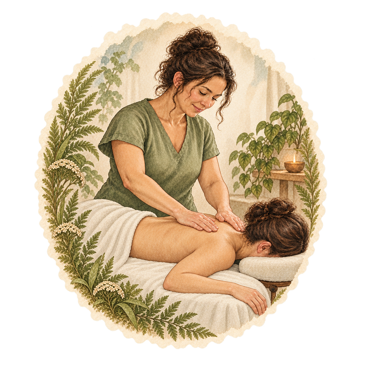 A student receives upper-back massage on a draped treatment table.