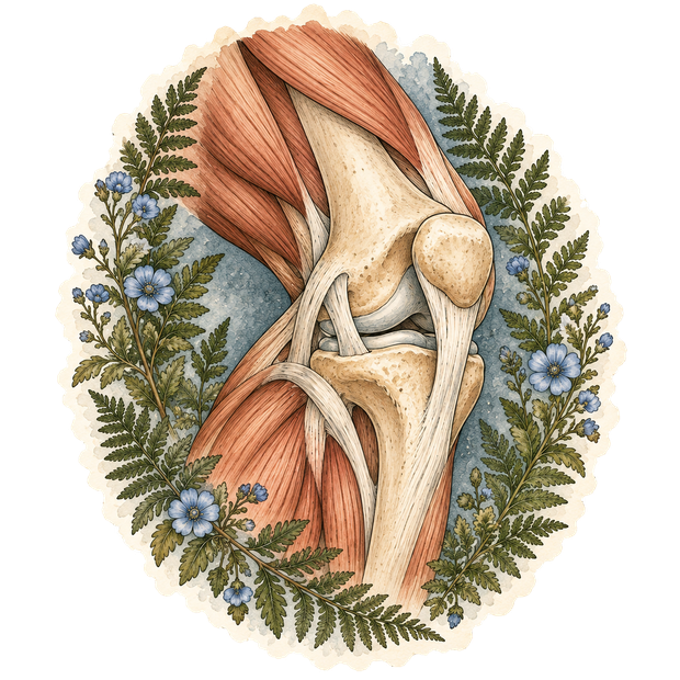 Watercolor and ink illustration of a knee joint, supporting tendons, and leg muscles framed by ferns and blue flowers.