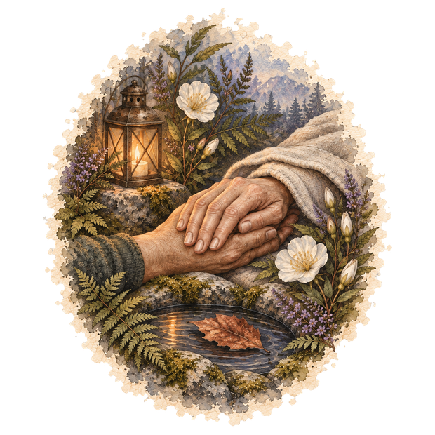 Watercolor and ink illustration of two adult hands resting together beside a glowing lantern, flowers, and still water, with a soft irregular oval edge.
