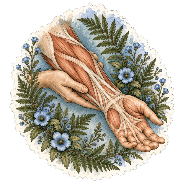 Watercolor illustration of a forearm and open hand supported by a practitioner's hand, with blue flowers and ferns