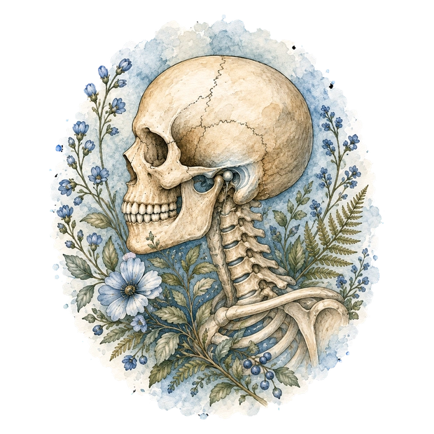 Watercolor illustration of the skull, jaw joint, and neck among blue flowers