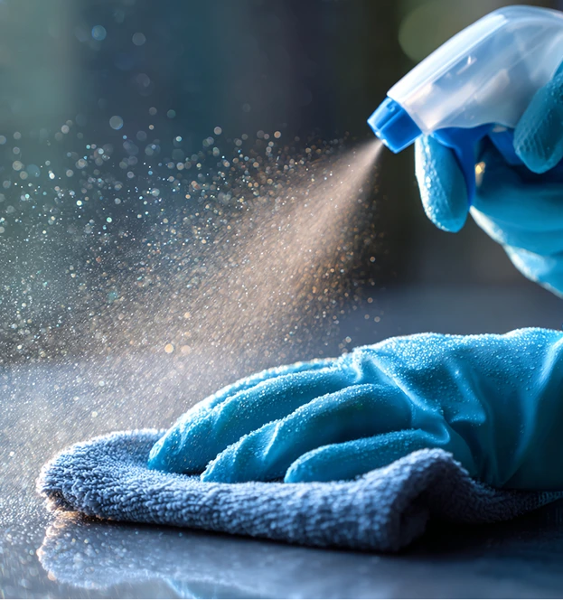 Reinigingsspray op oppervlak tijdens schoonmaak.