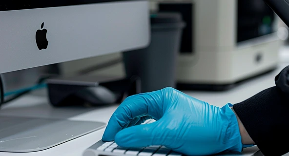 Schoonmaker met handschoen reinigt kantoortoestel.