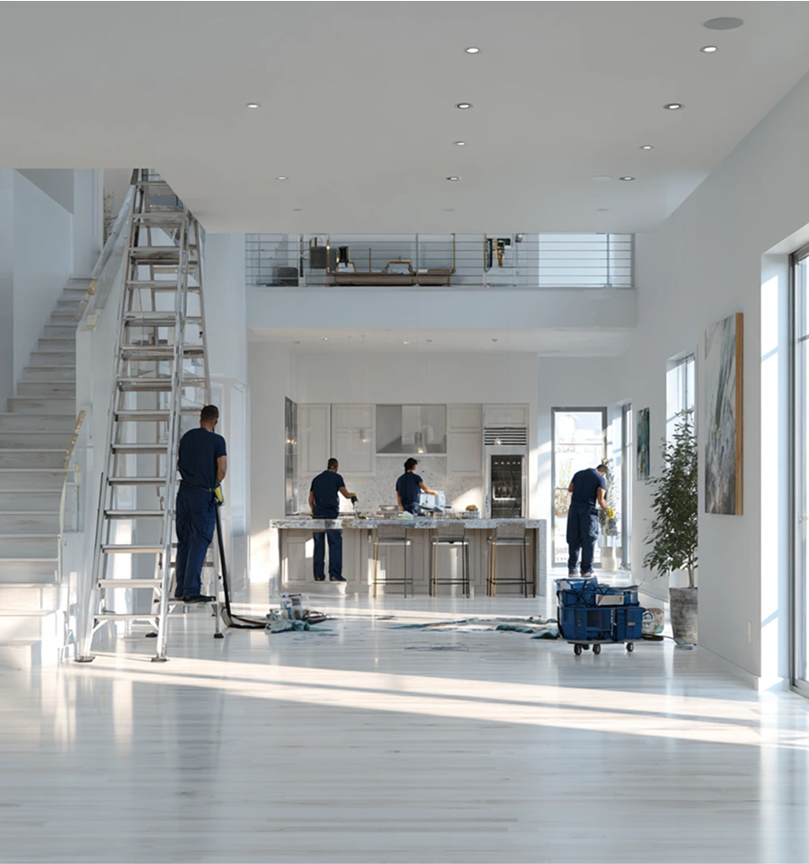 Schoonmakers reinigen nieuwbouwpand bij oplevering.