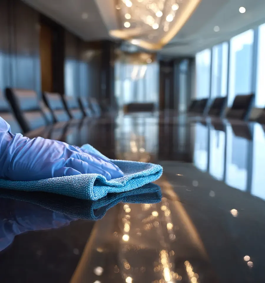 Hand met doek poetst vergadertafel in kantoor.