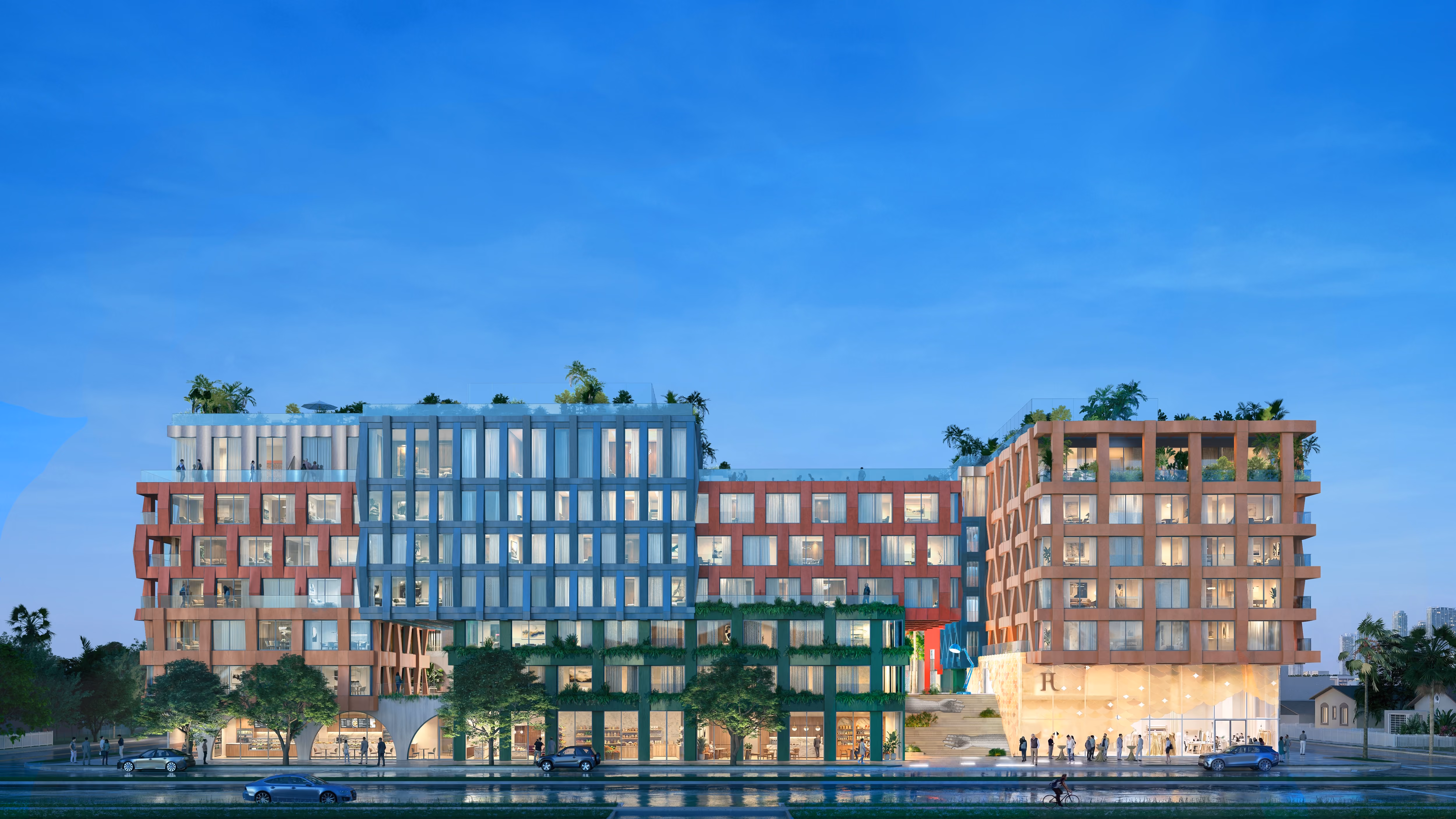 WOMA seen from the street, the stacked blocks of the MVRDV design rising above Wynwood Norte
