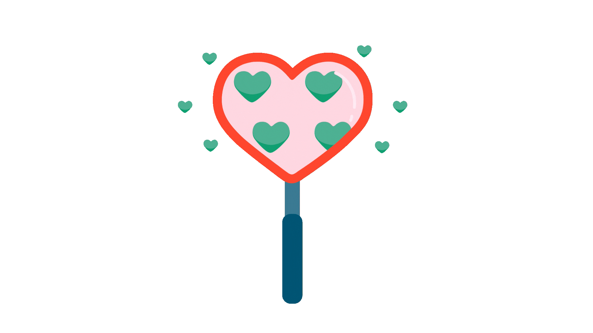 A red heart magnifying glass looking at multiple green hearts