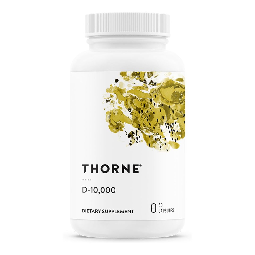 A white bottle labeled THORNE Vitamin D3 Supplement, shown on a plain background.
