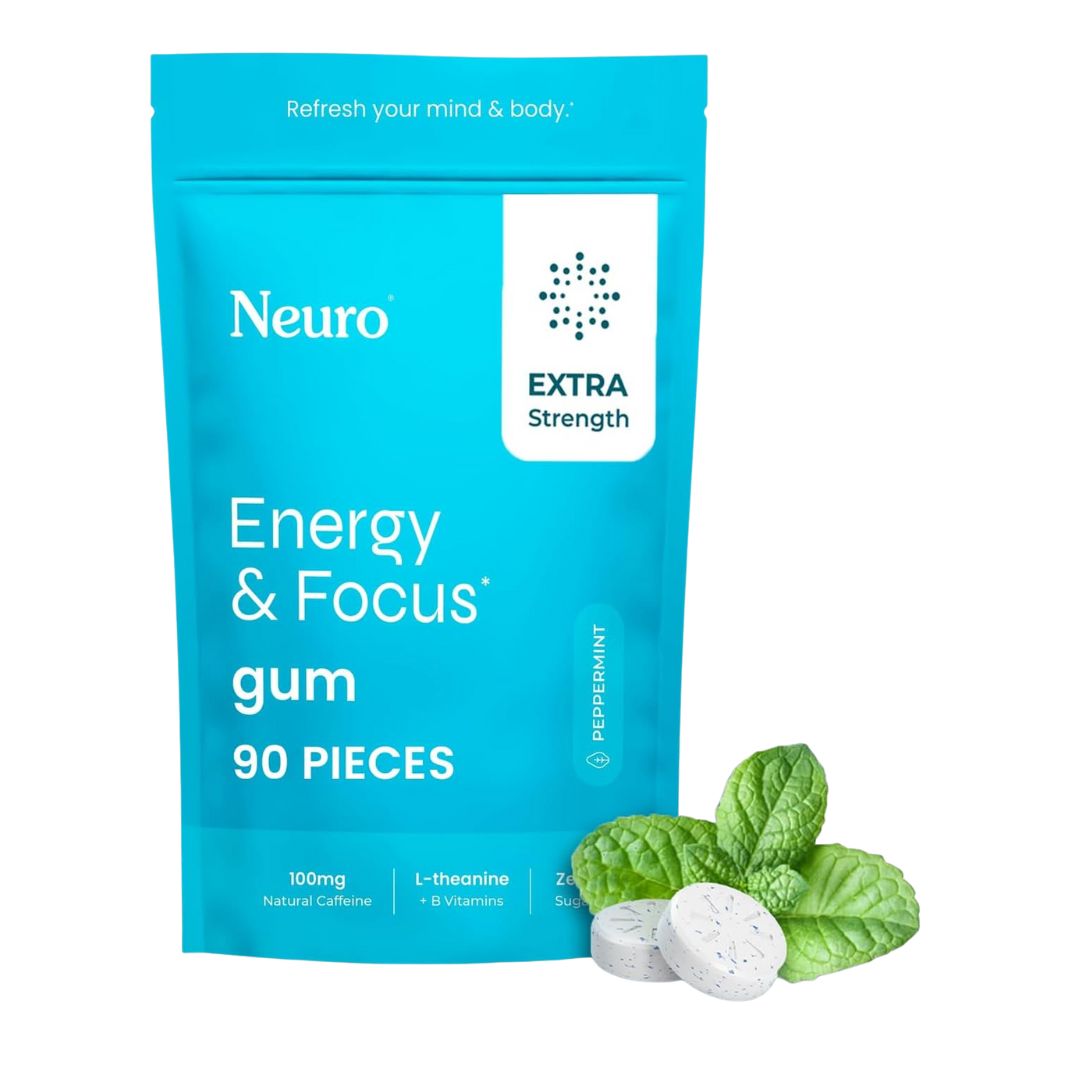 A pack of Neuro Energy & Focus Gum, a sugar-free, vegan chewing gum with natural caffeine, L-theanine, and B vitamins for energy and focus.