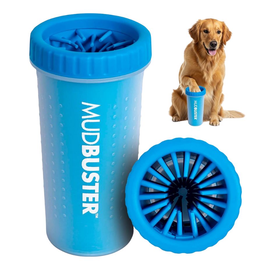 A green, oblong silicone dog paw cleaner with soft bristles, designed for large dogs, shown upright on a white background.