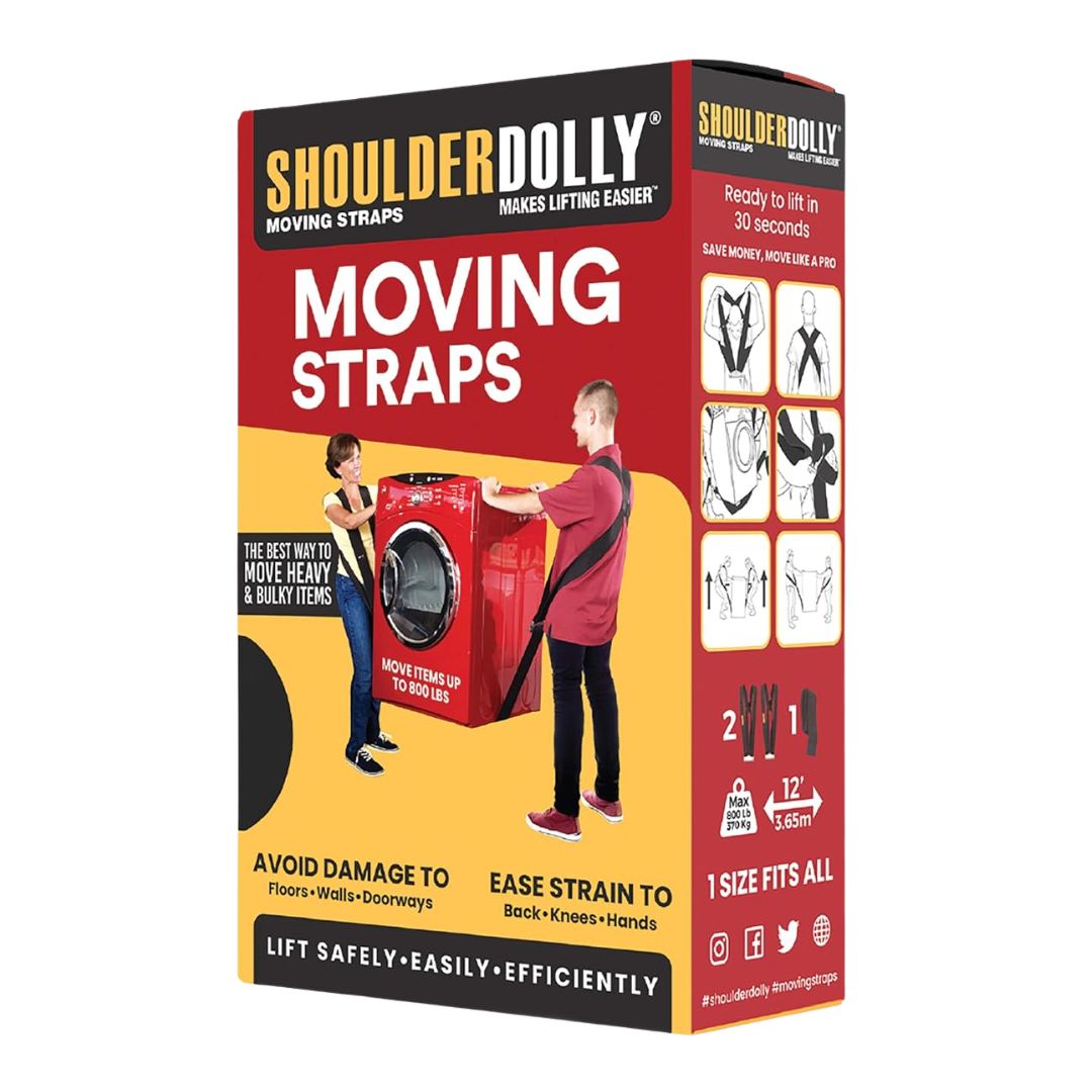 A pair of adjustable shoulder harnesses with a wide lifting strap, designed for two people to move heavy or bulky items safely.