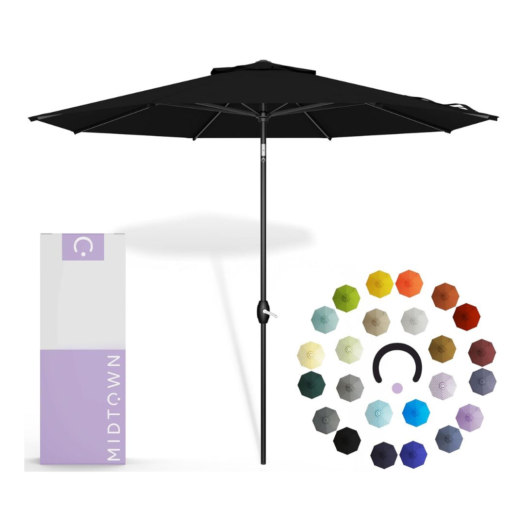 A large outdoor patio umbrella with a rustproof aluminum frame and auto-tilt crank, shown open on a garden deck.