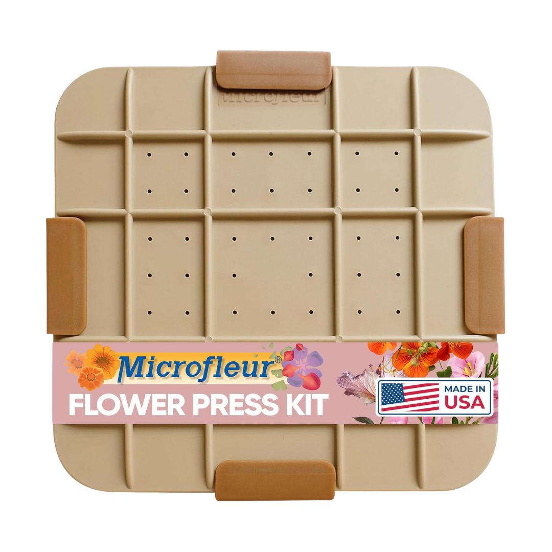 A square, microwave-safe flower pressing kit with washable cloth layers and wool felt inserts, designed for quick floral drying and crafts.