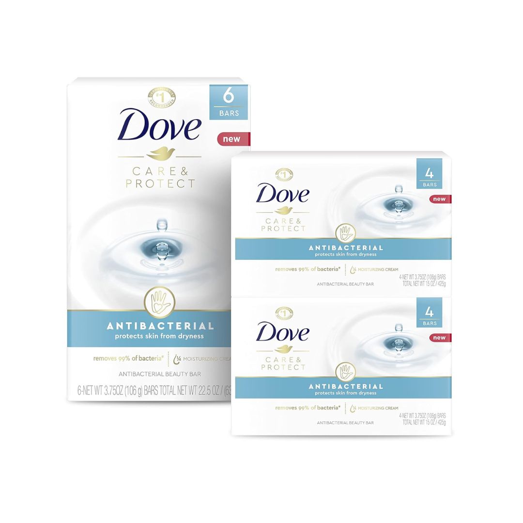 A white rectangular beauty bar with Dove’s logo, shown in simple packaging for all skin types and antibacterial cleansing.