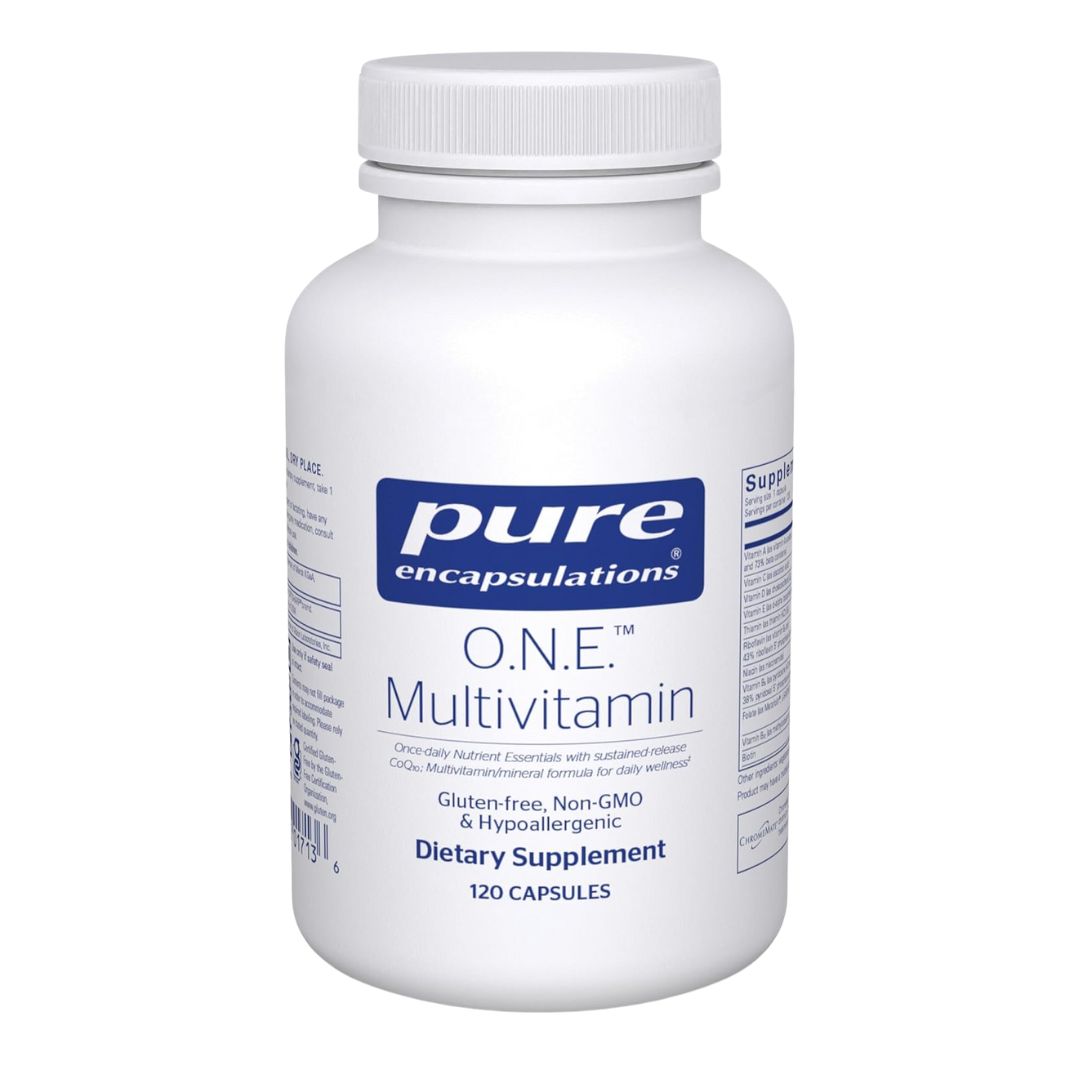 A bottle of Pure Encapsulations O.N.E. Multivitamin capsules with an unflavored formula, shown in white packaging.