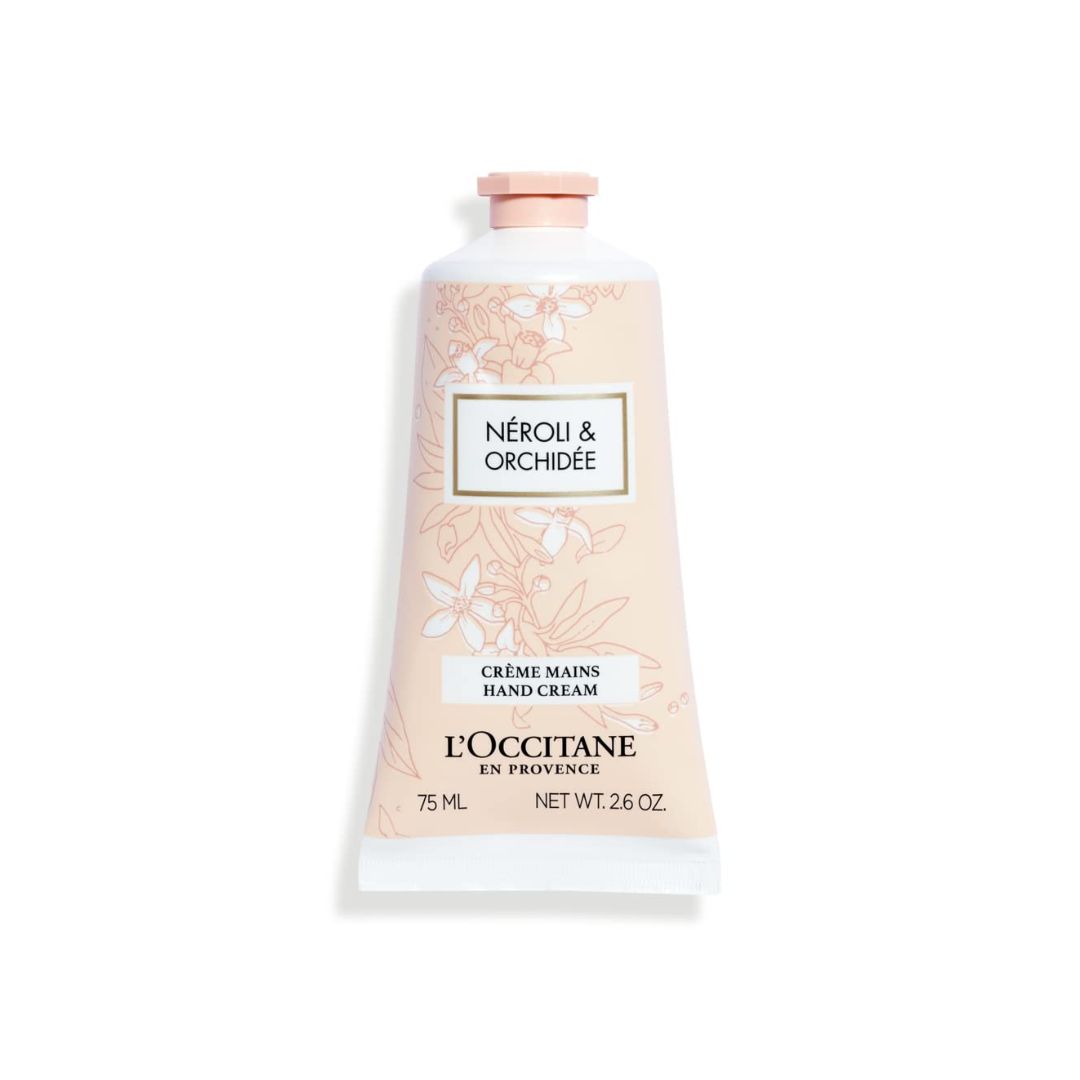 A selection of L'OCCITANE hand creams in various floral and citrus scents, shown in tube packaging on a neutral background.