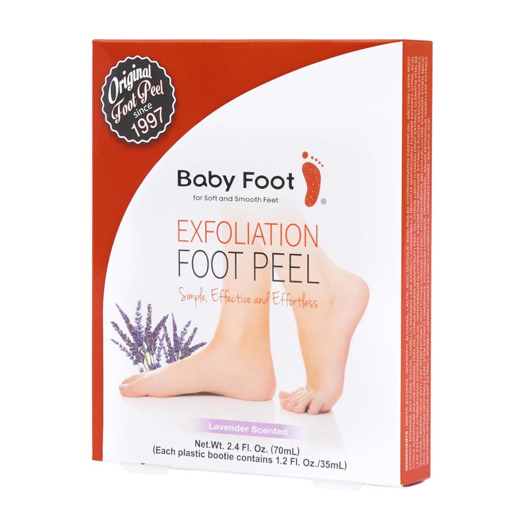 A lavender-scented exfoliation foot peel mask in single-use bootie packaging, designed for removing dead skin and softening feet.