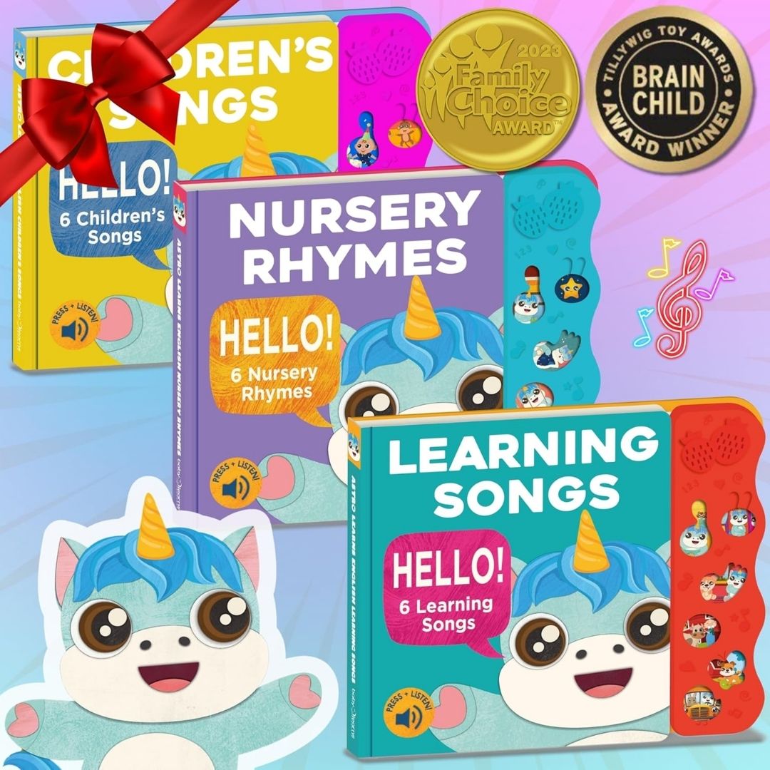 Astro Learns English Bundle (Talking Books), an interactive sound book for toddlers, features calming nursery rhymes sung by a real mom.