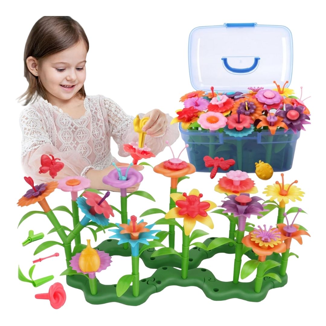 A colorful flower garden building toy set with various stackable floral pieces and stems, displayed in a sturdy storage box.