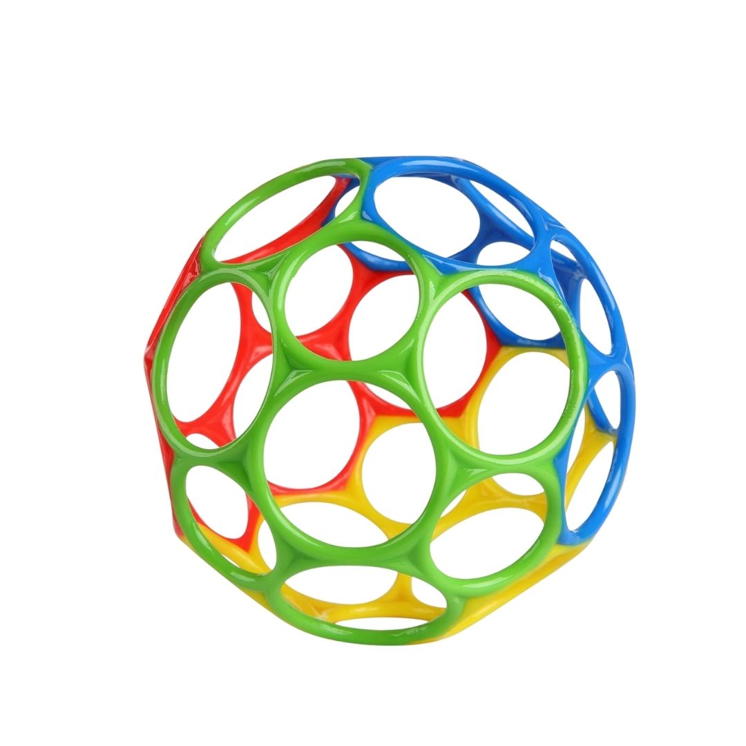 A flexible, BPA-free ball with large finger holes for easy gripping and play, shown in assorted bright colors.