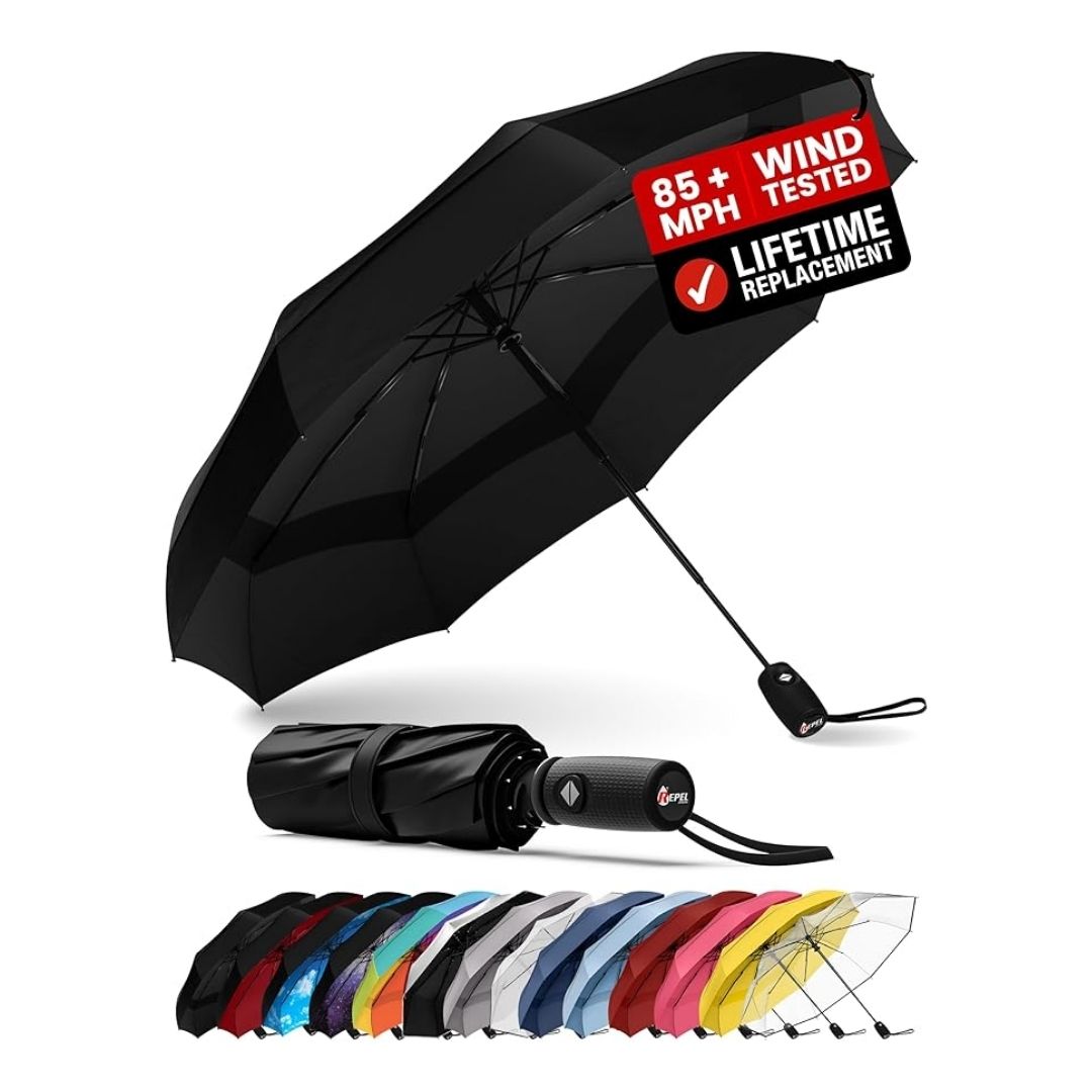A Compact Blunt Umbrella with a vented canopy and ergonomic handle, designed to withstand strong winds and fit in bags or backpacks.