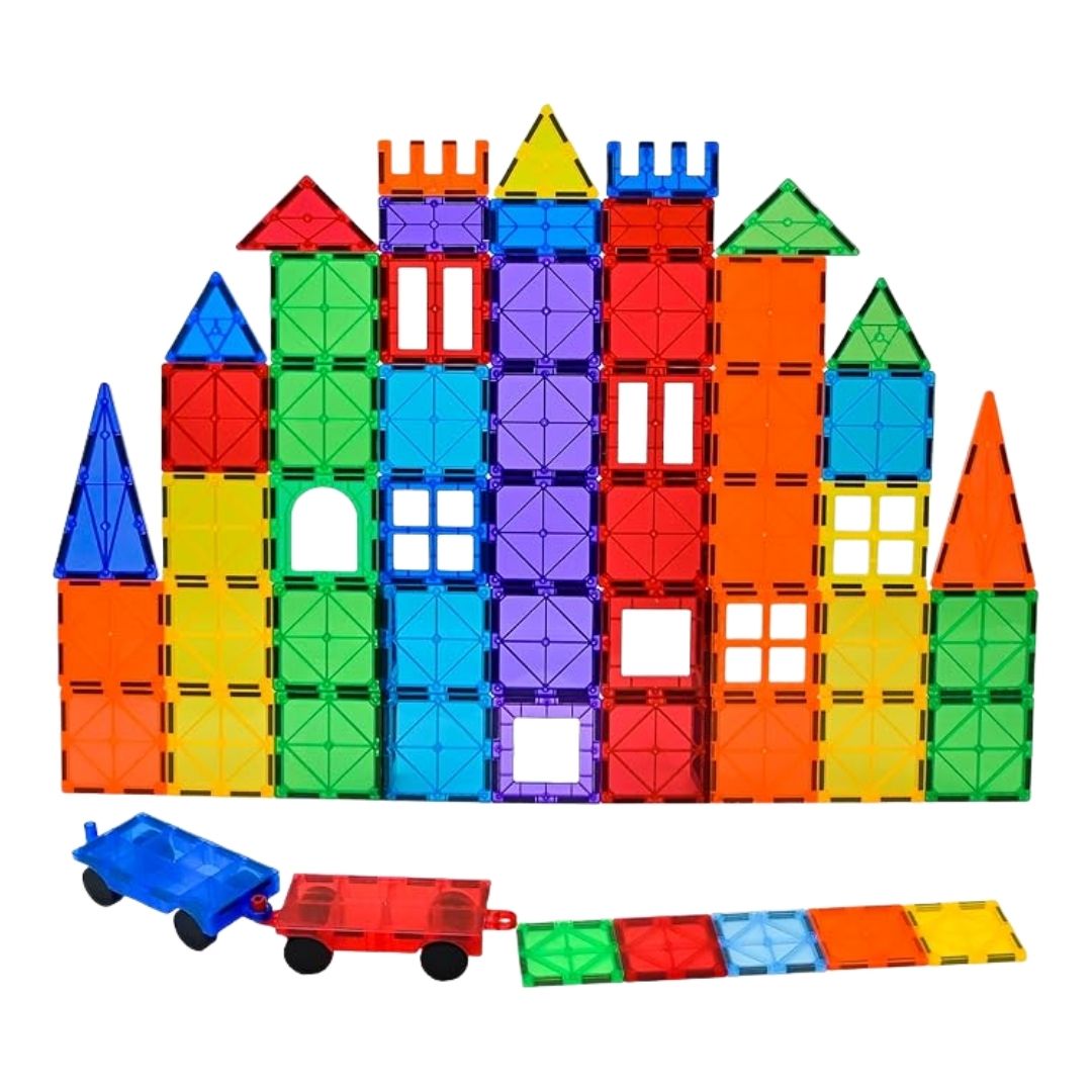 A set of colorful magnetic tiles and two magnetic cars arranged to build a variety of 3D structures for kids’ creative play.