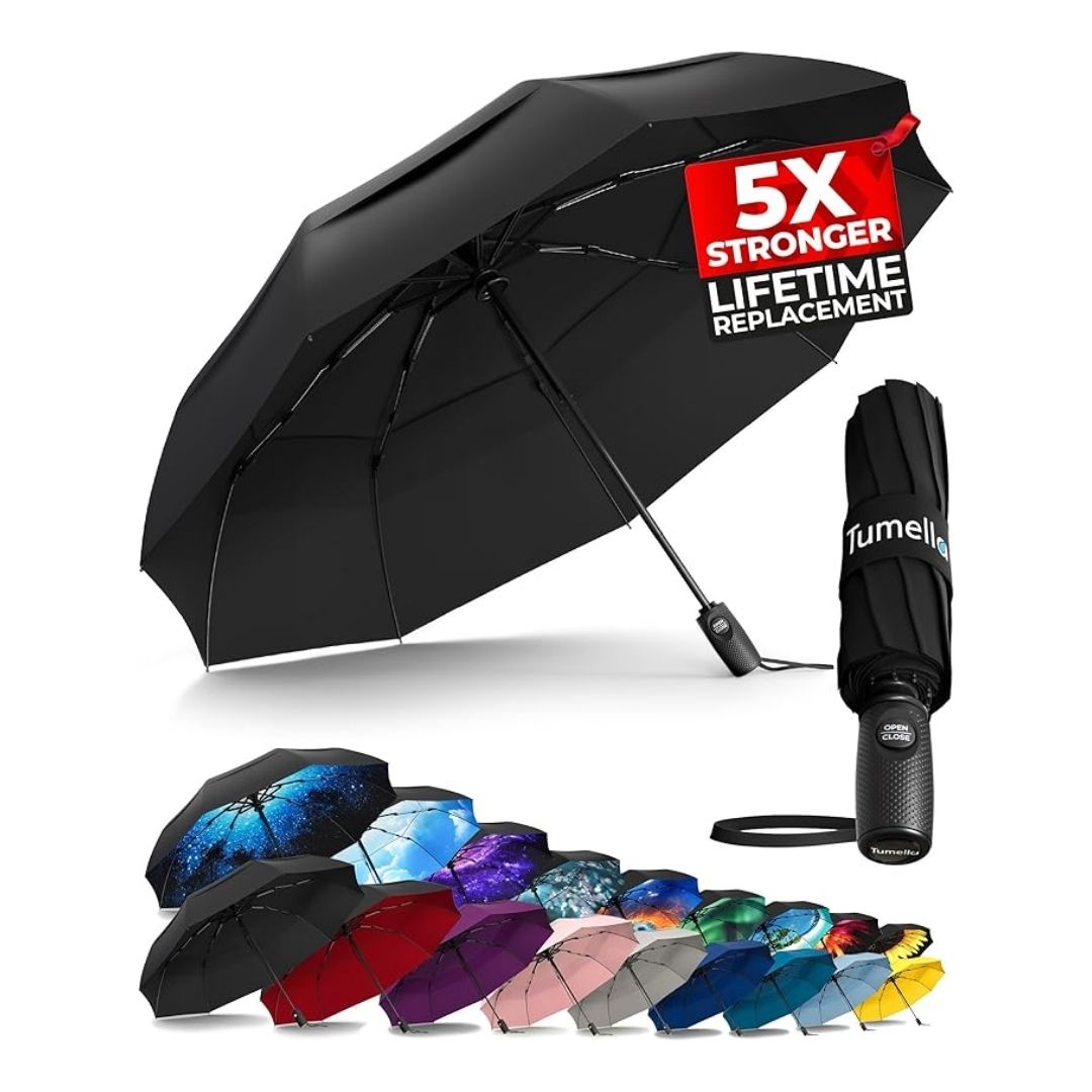 A compact, windproof Tumella umbrella with reinforced joints, designed to resist collapsing in strong winds.