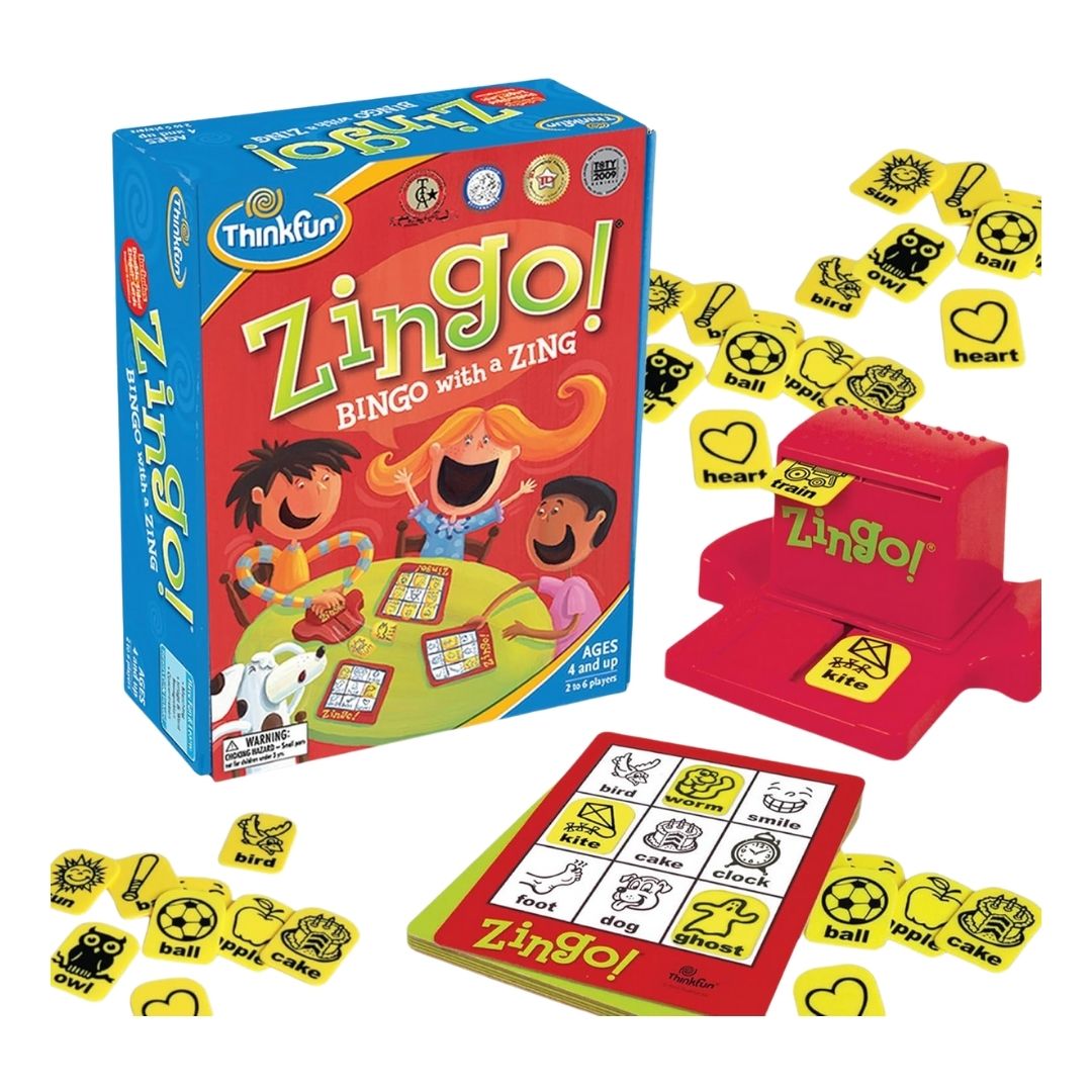 A colorful bingo game set with durable tiles and cards, designed for young children to build reading and language skills.