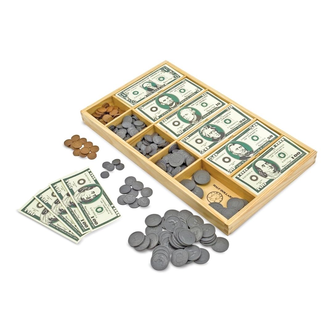 The Melissa & Doug Play Money Set with paper bills, plastic coins, and a wooden cash drawer for sorting and storage.
