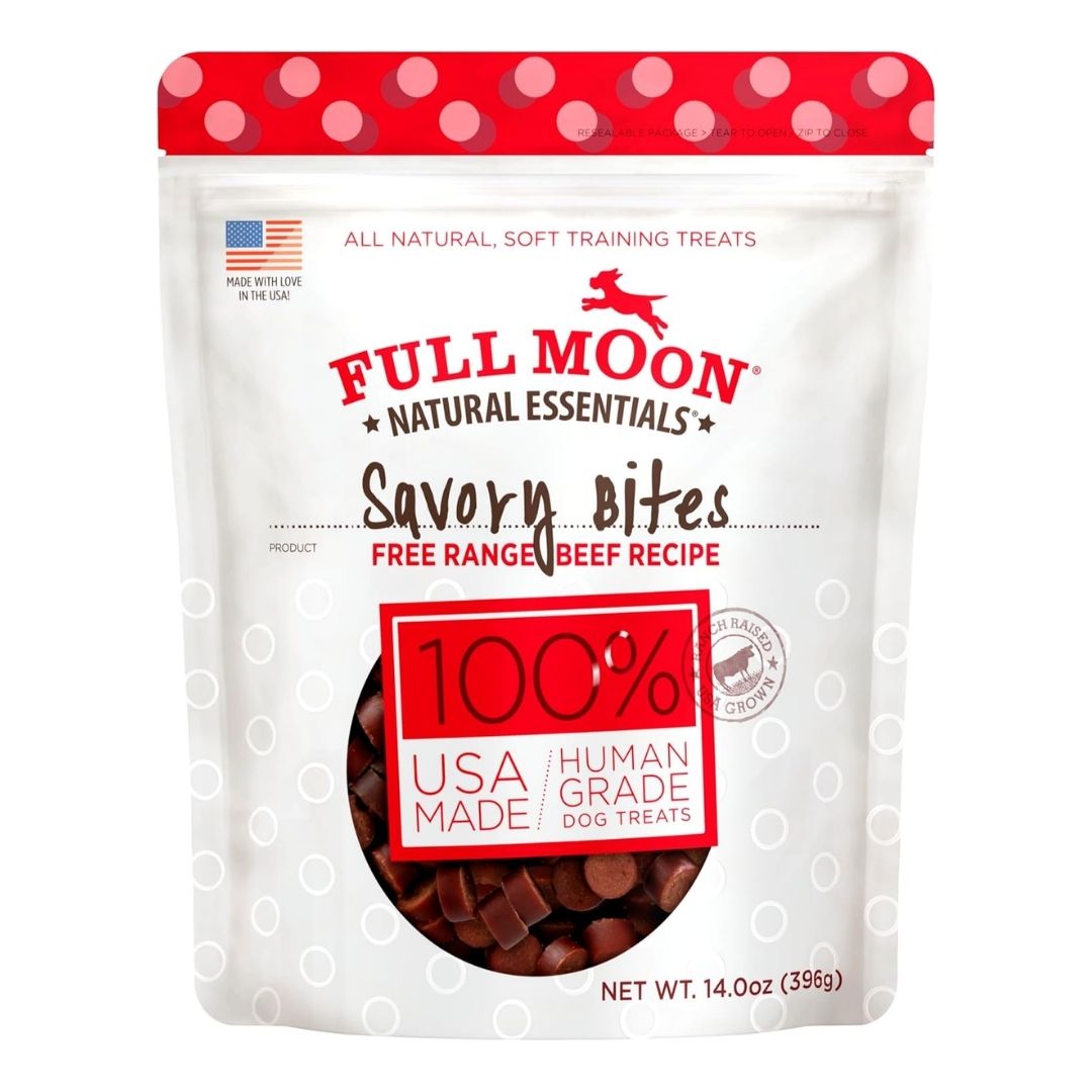 A bag of Full Moon All-Natural Human-Grade Dog Treats, featuring bite-sized, slow-cooked treats made with real beef.