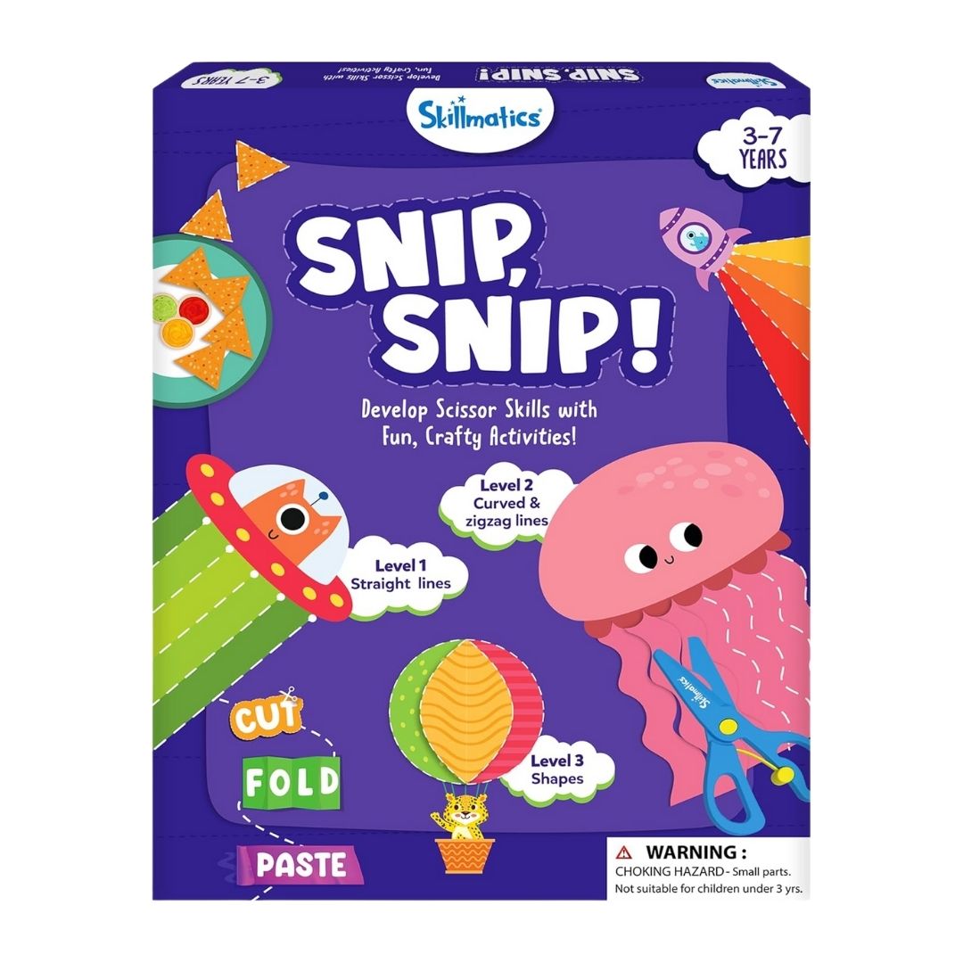 A children’s activity book with illustrated scissor-cutting exercises designed to build fine motor skills and dexterity.