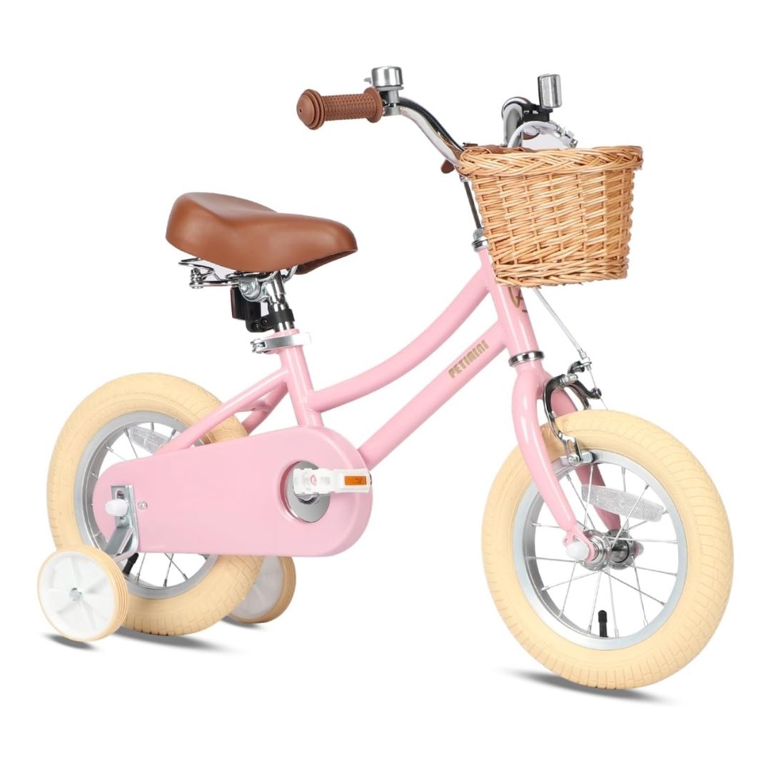 A children's bike with adjustable seat and handlebar, training wheels, a wicker basket, and a bell, shown in various sizes and colors.