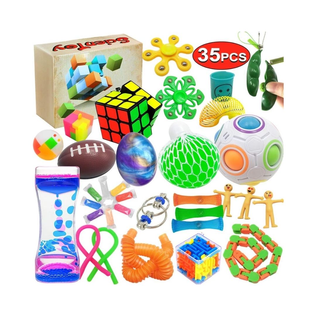 A sensory fidget toy set with various shapes and textures, designed for stress relief and suitable for kids and adults.