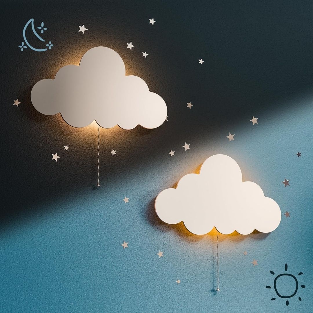 A floating cloud-shaped night light emits a soft, soothing glow, ideal for creating a cozy nursery atmosphere.