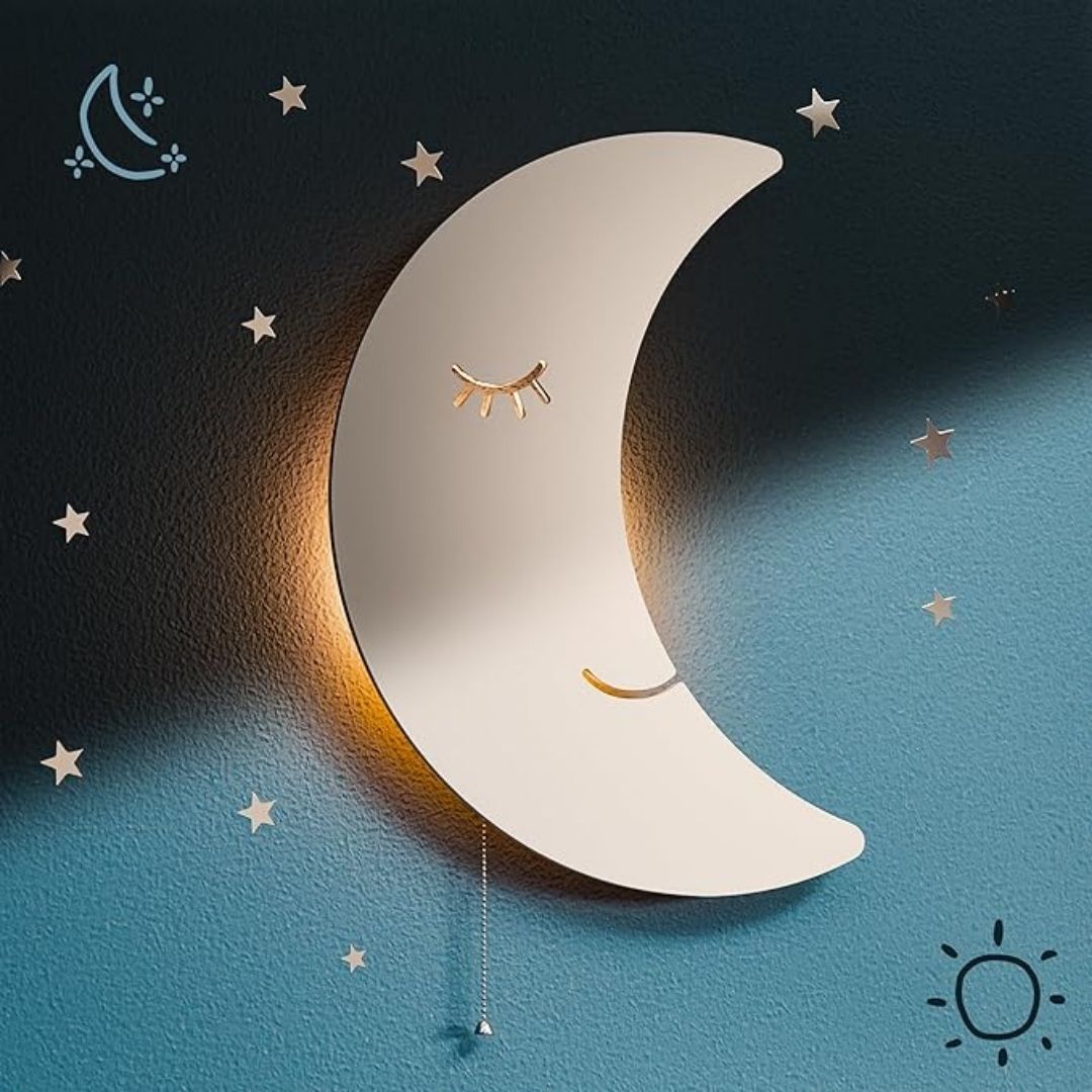 A floating moon night light emits a soft, soothing glow, ideal for a child’s room or nursery. Battery operated, cord-free.