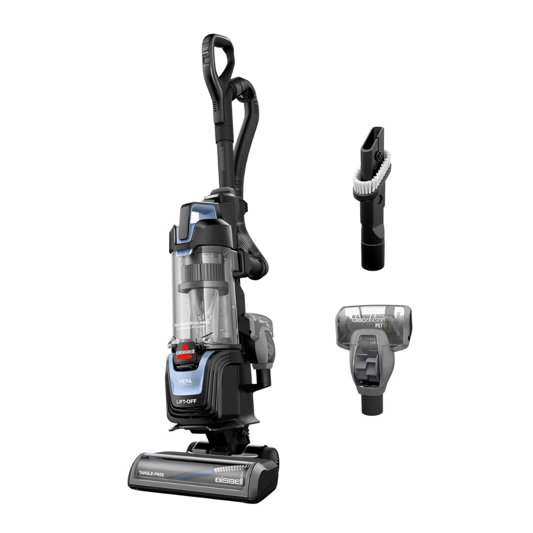 The Bissell Pet Hair Eraser Allergen Lift-Off vacuum with a clear, detachable canister and tangle-free brush roll for pet hair.