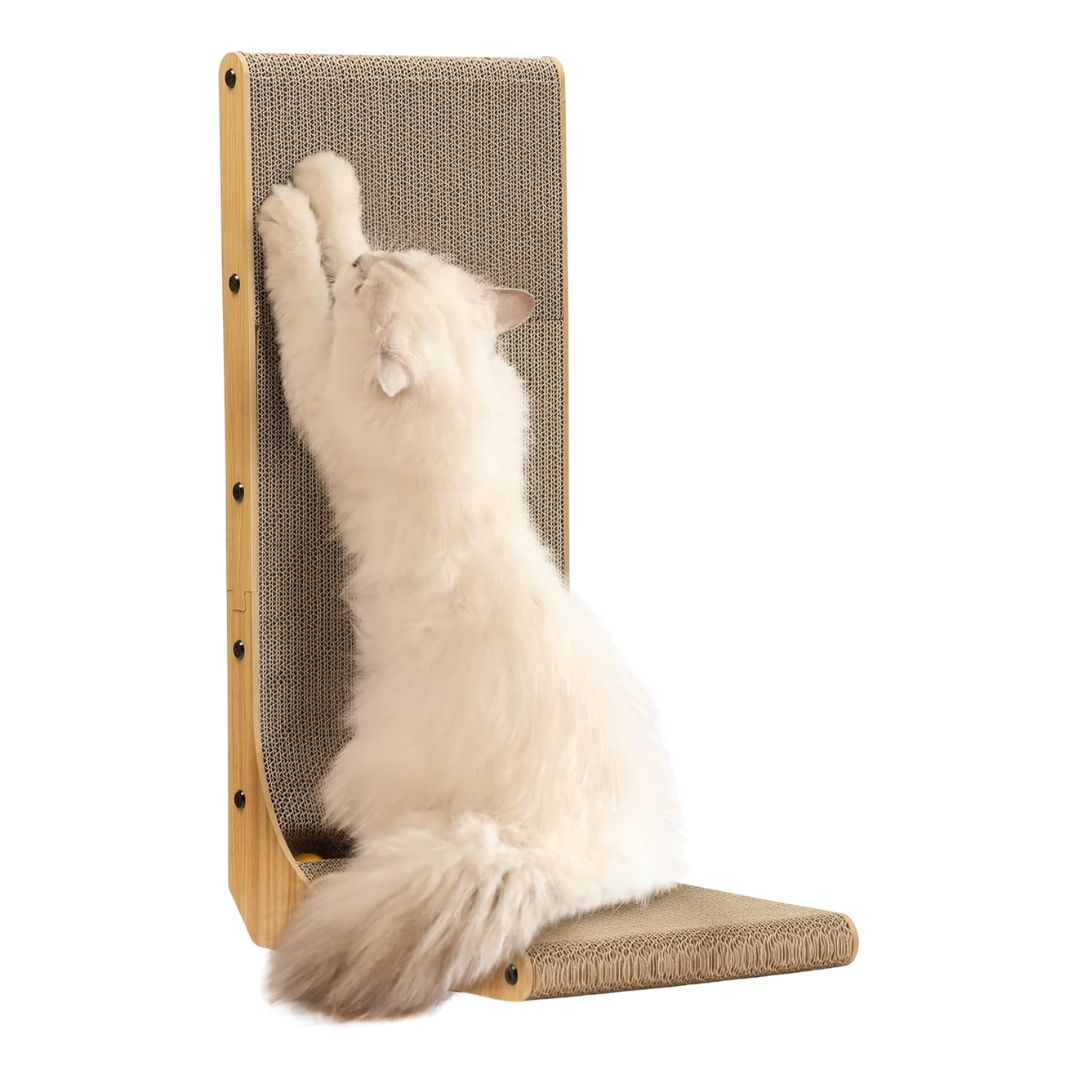 An L-shaped cardboard cat scratcher with a minimalist design, shown as a lounge, vertical scratcher, and prone house.