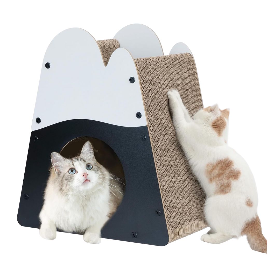A mountain-shaped cat scratcher house with a spacious interior, designed for lounging, scratching, and hiding.