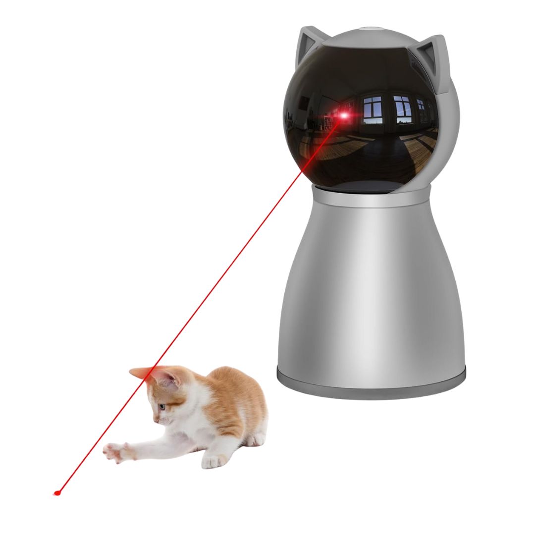 A motion-activated rechargeable laser cat toy with a sleek design, shown in a neutral setting. Available in multiple colors.