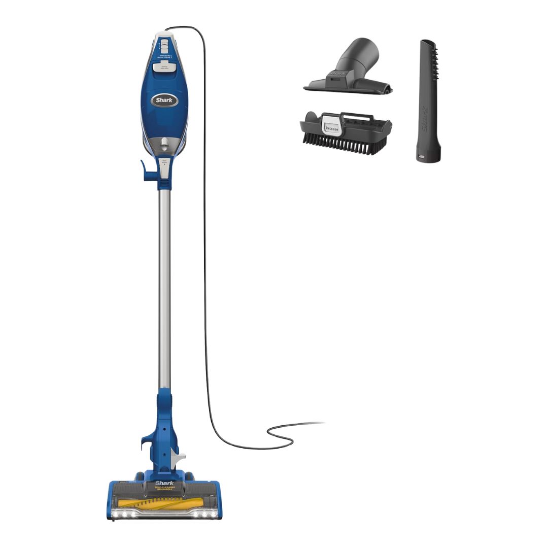 A lightweight corded stick vacuum with a self-cleaning brushroll, shown upright on a hardwood floor.
